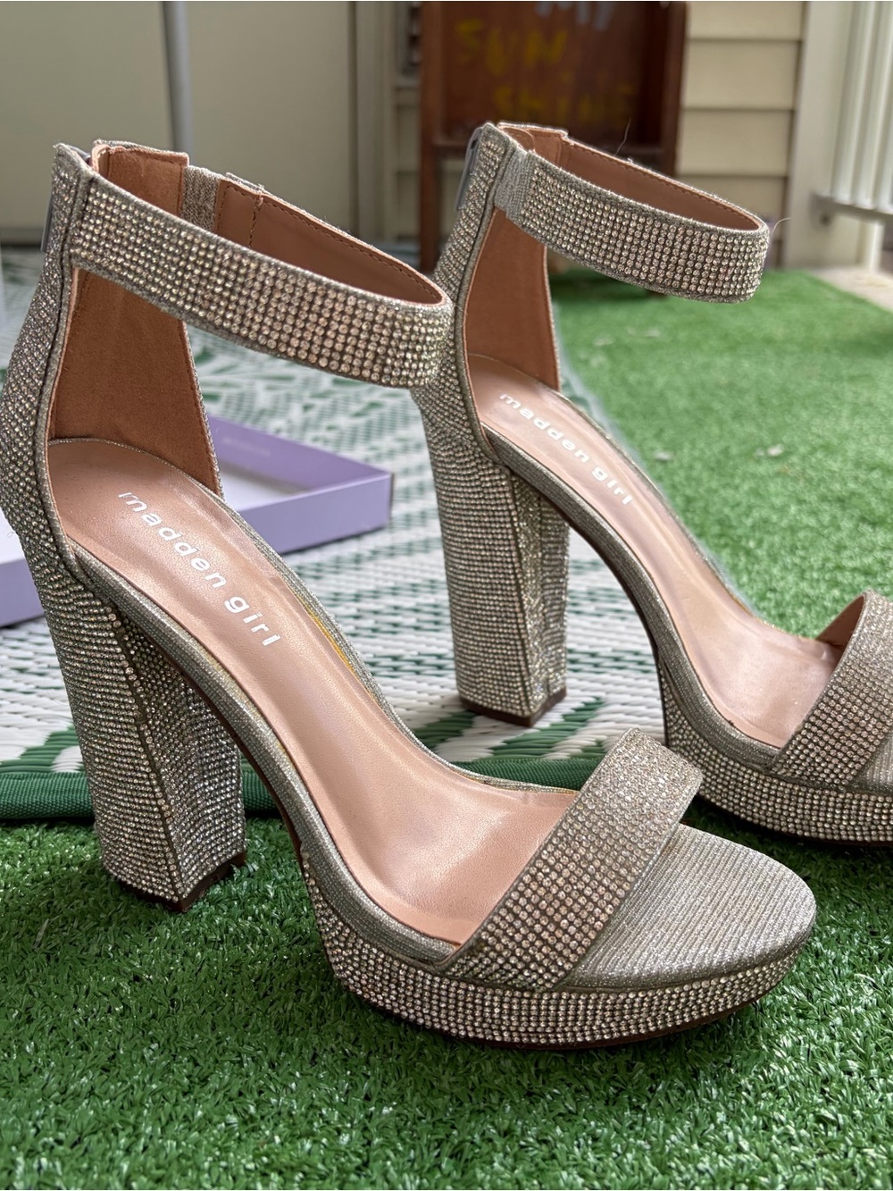 Madden Girl Silver Rhinestone Block Heels